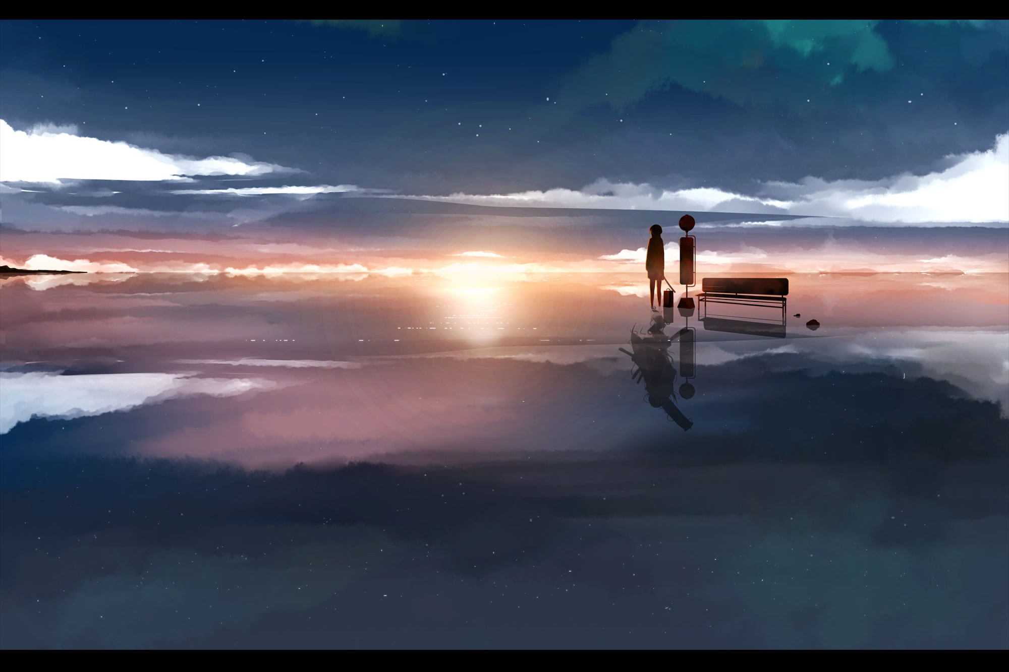 3d обои Девушка стоит на зеркальном отражении неба около скамейки рядом с дорожным знаком отбрасывая странную тень и любуется закатом  солнце # 81573