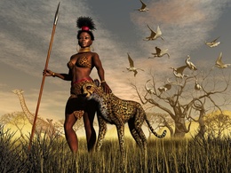 3d обои Индианка, вооружённая копьём, на охоте с верным ягуаром  жирафы