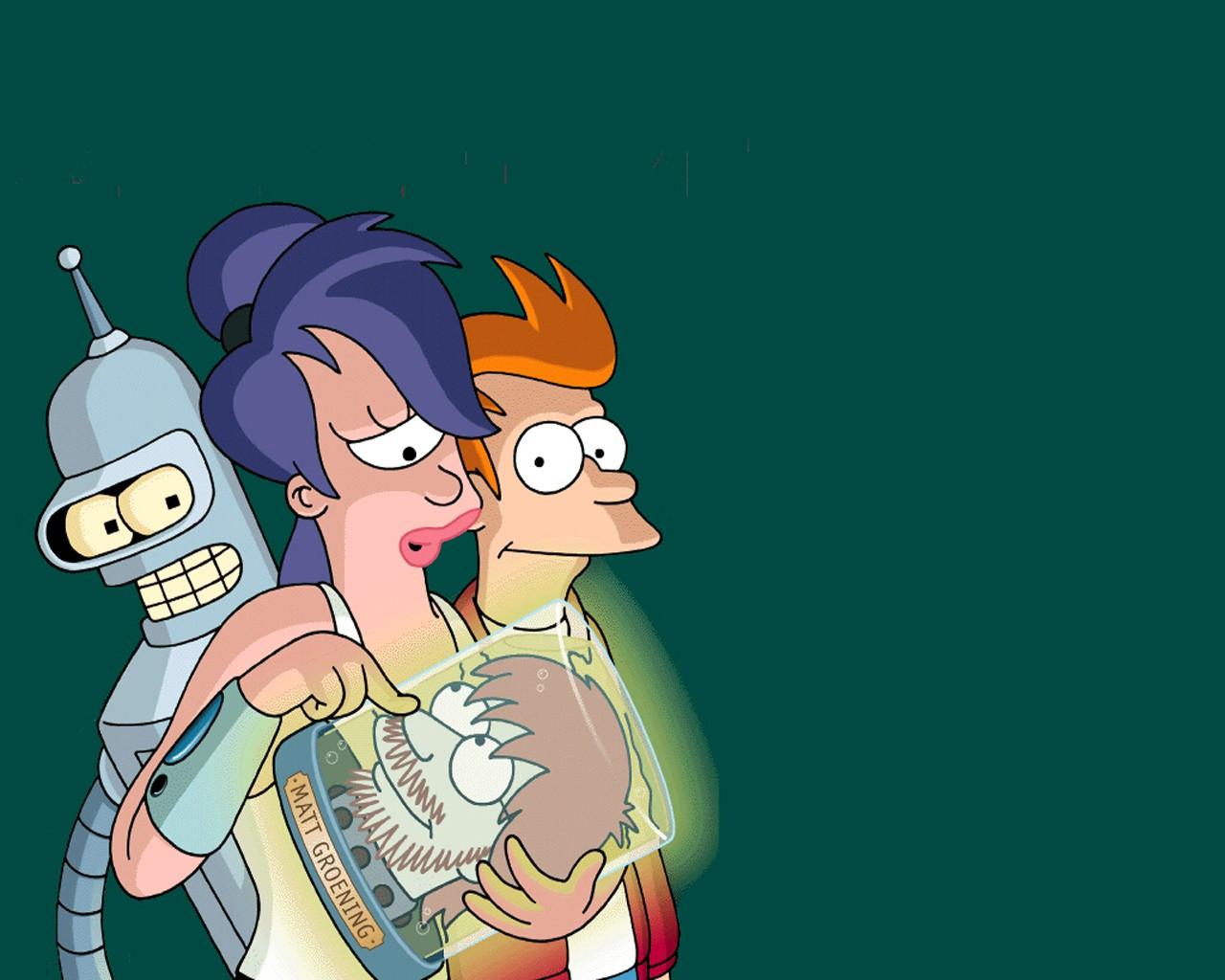 3d обои Фрай, Бендер и Лила, держащая голову Метта Гроунинга/Matt Groening из мультсериала Футурама/Futurama (Matt Groening)  мультики # 59485