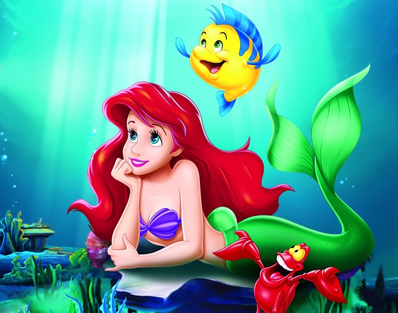 3d обои Русалочка со своими друзьями счастливо о чём-то мечтает, мультфильм Русалочка  подводные # 68365