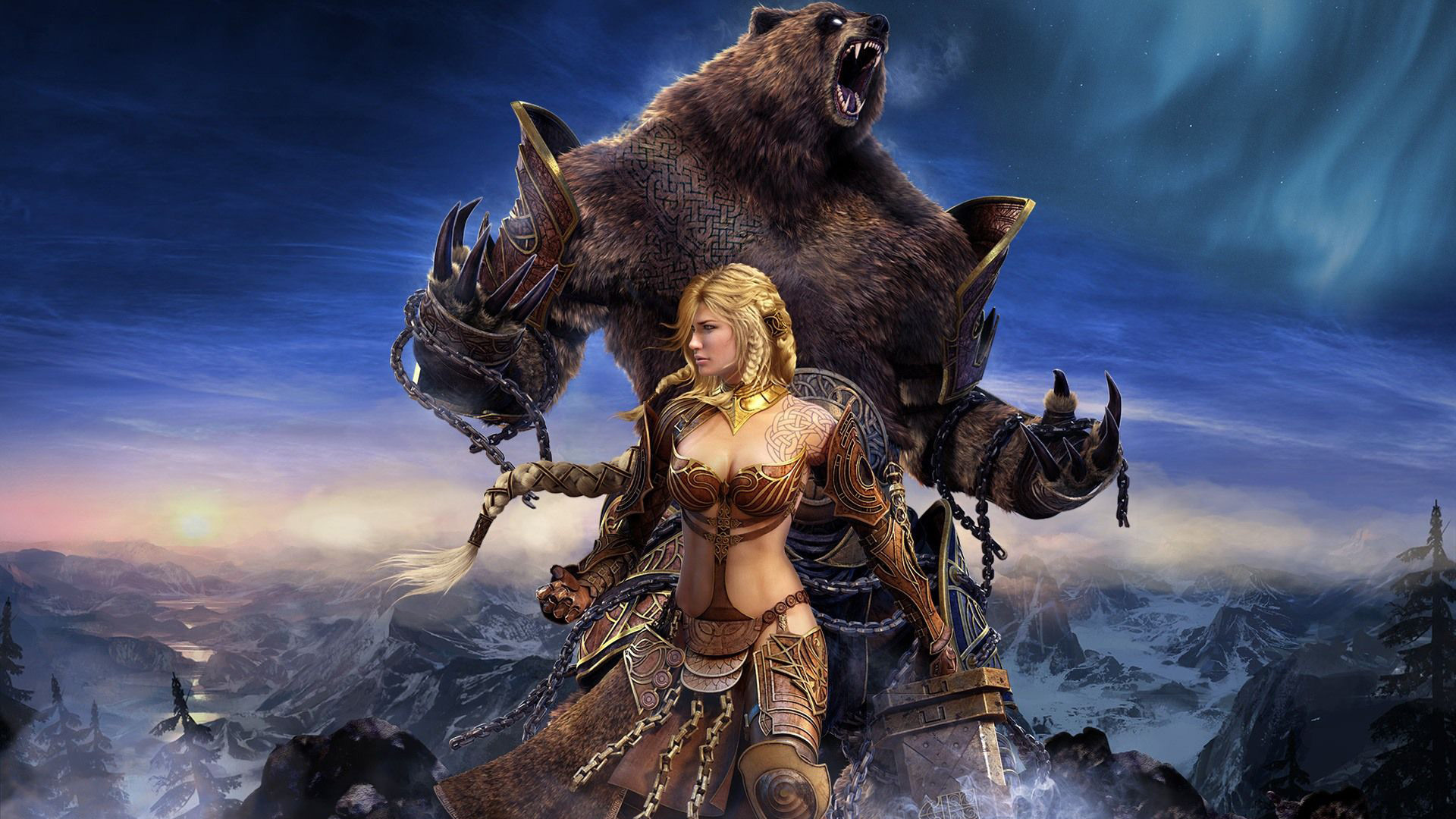 3d обои Девушка-воин с медведем, разрывающим цепи  медведи # 53289