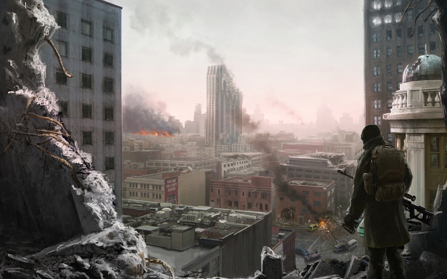 3d обои Военный смотрит на разрушенный город  дым # 36024