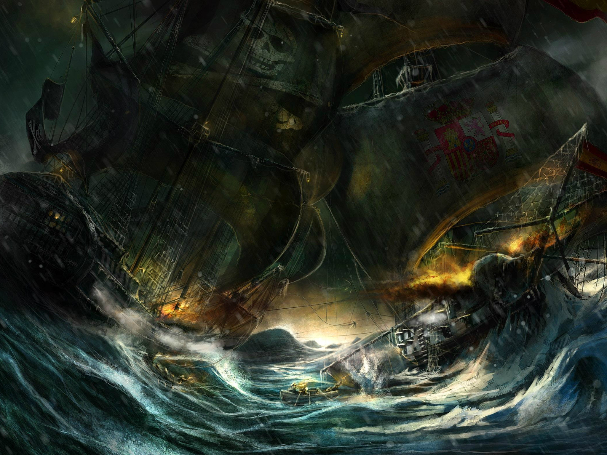 3d обои Пиратское нападение на корабль в шторм  2048х1536 # 15048