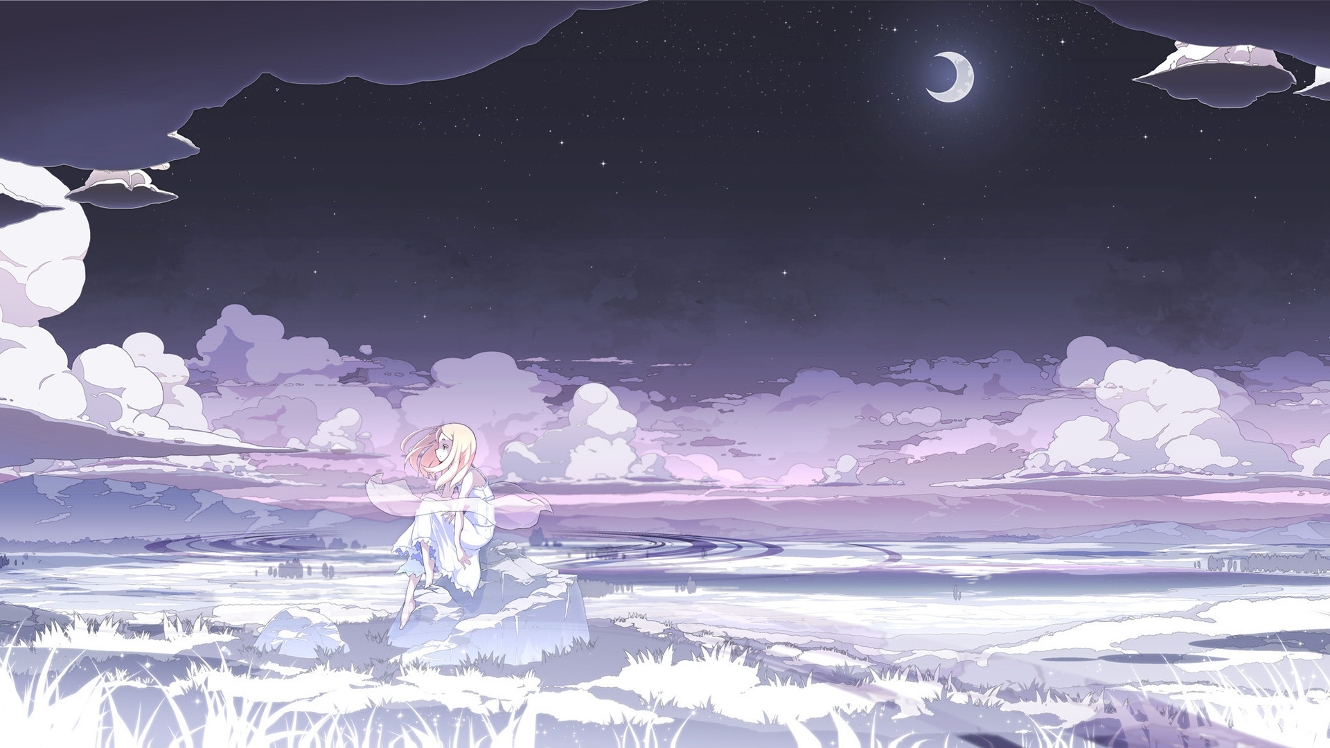 3d обои Девочка сидит на камне и смотрит на ночное поле  горы # 25116