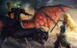 3d обои Противостояние девушки и монстра верхом на драконе  драконы