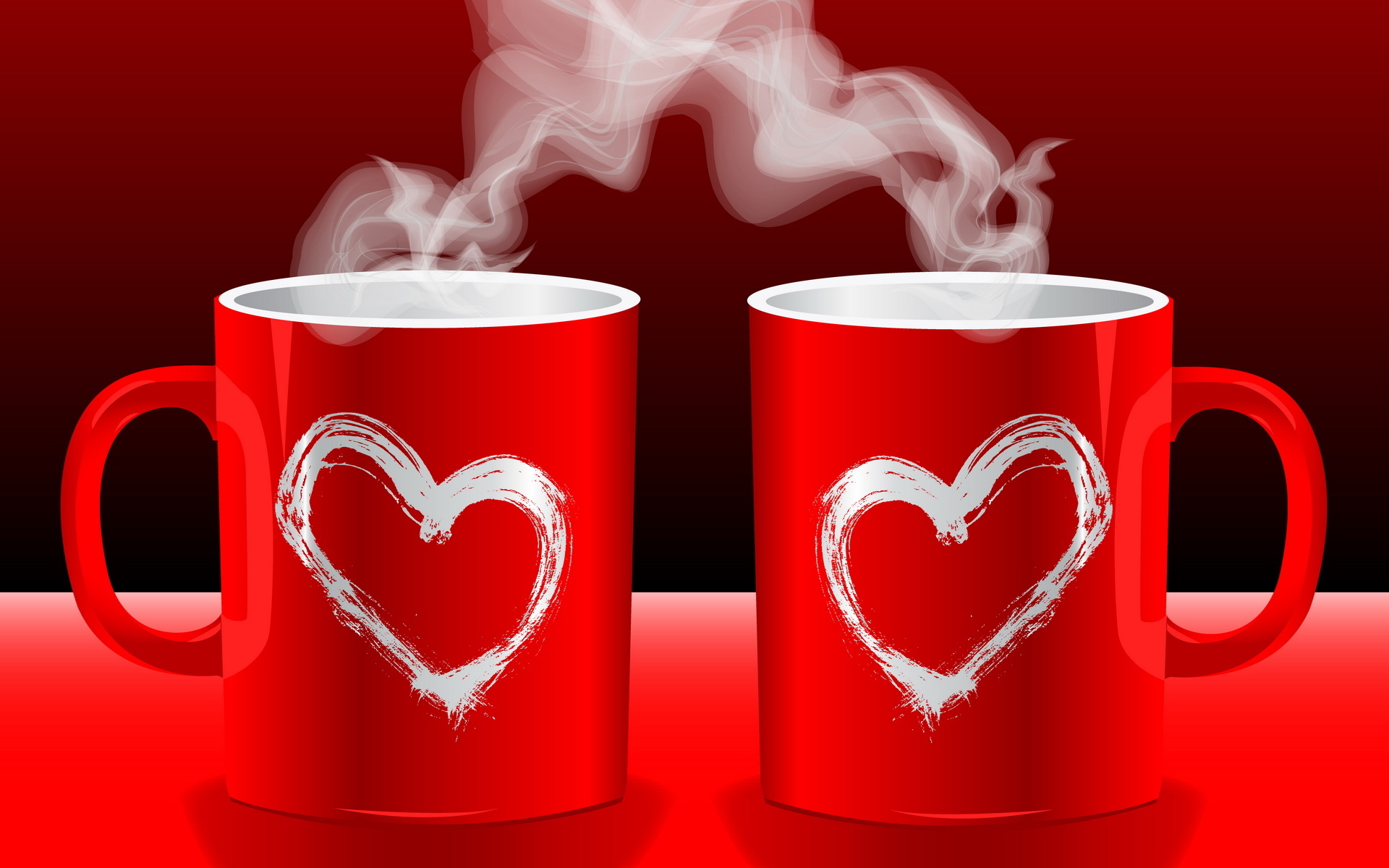 3d обои Две красные чашки кофе с сердцами и паром  дым # 36023