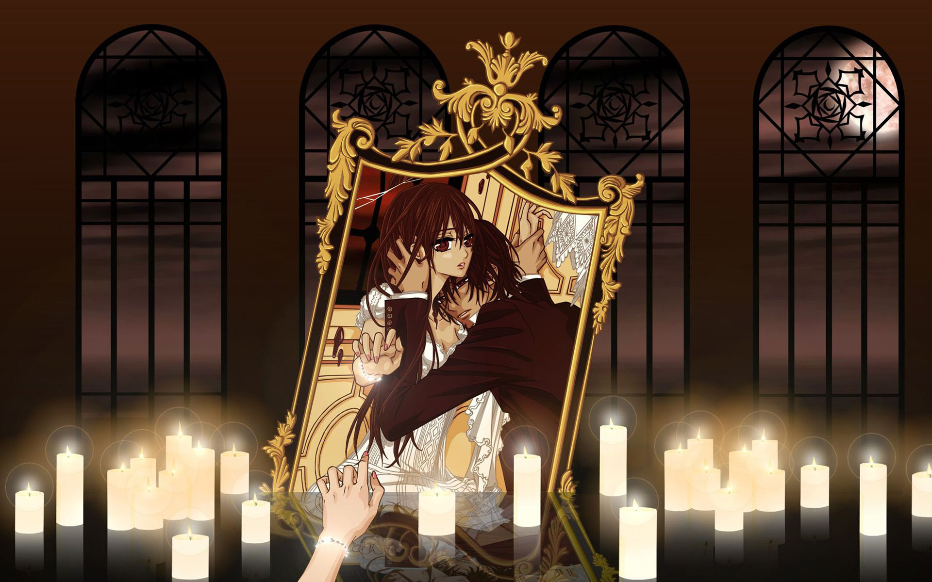 3d обои Юки и Канаме из аниме Vampire Knight / Рыцарь вампир отражаются в золотом зеркале среди свечей  ночь # 67389