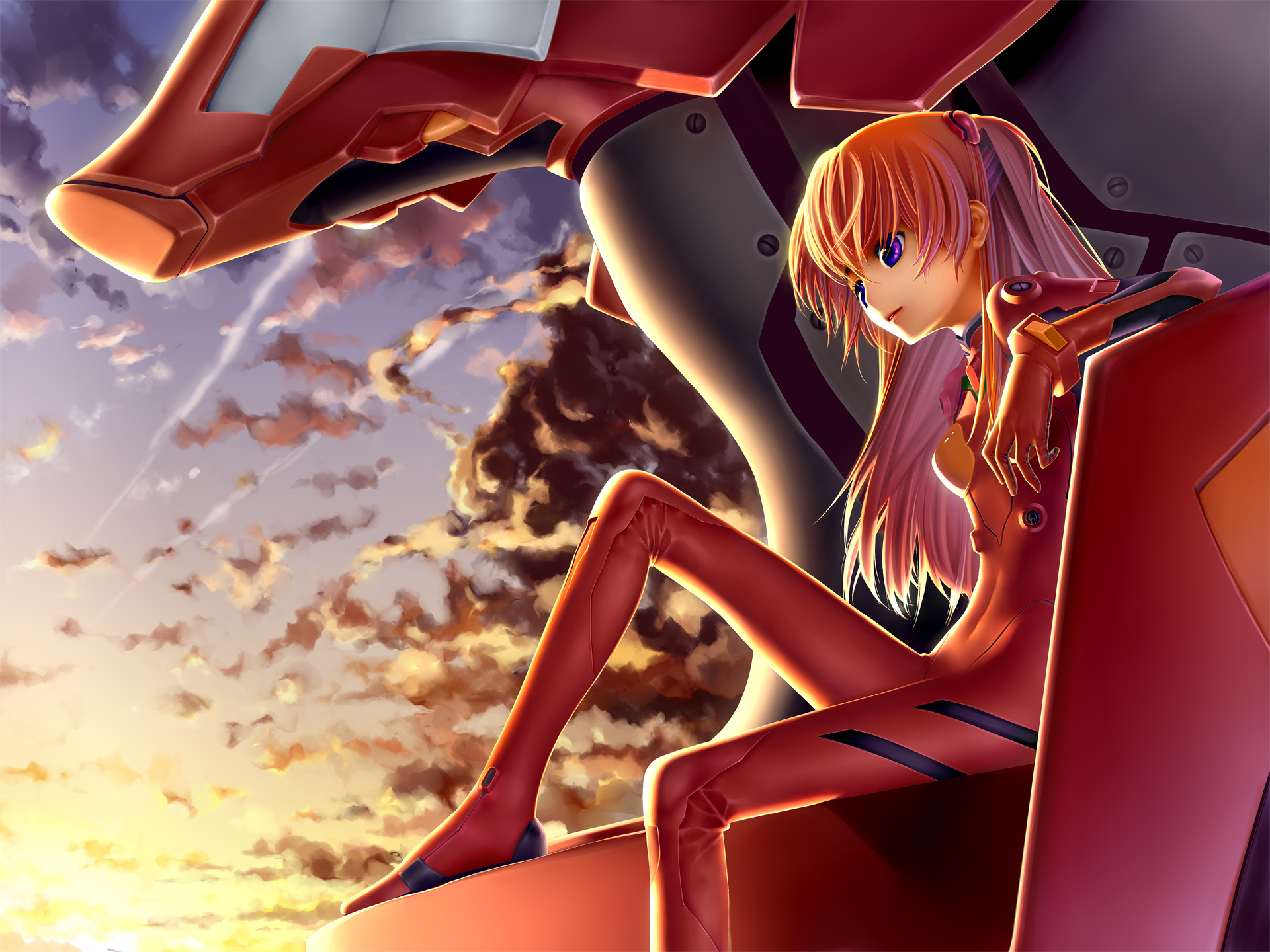 3d обои Soryu Asuka в красном скафандре на борту космического корабля любуется закатом  фантастика # 83368