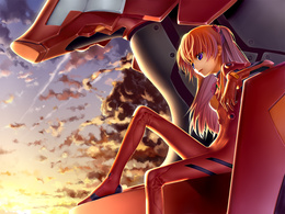 3d обои Soryu Asuka в красном скафандре на борту космического корабля любуется закатом  фантастика