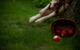 3d обои Голая девушка уронила корзину с яблоками на траву  2560х1600