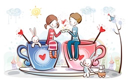 3d обои Парочка возлюбленных сидит на чайных чашках  кролики