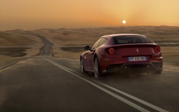 3d обои Ferrari / Феррари на дороге среди пустыни на фоне заката (FF V12 MO)  фразы