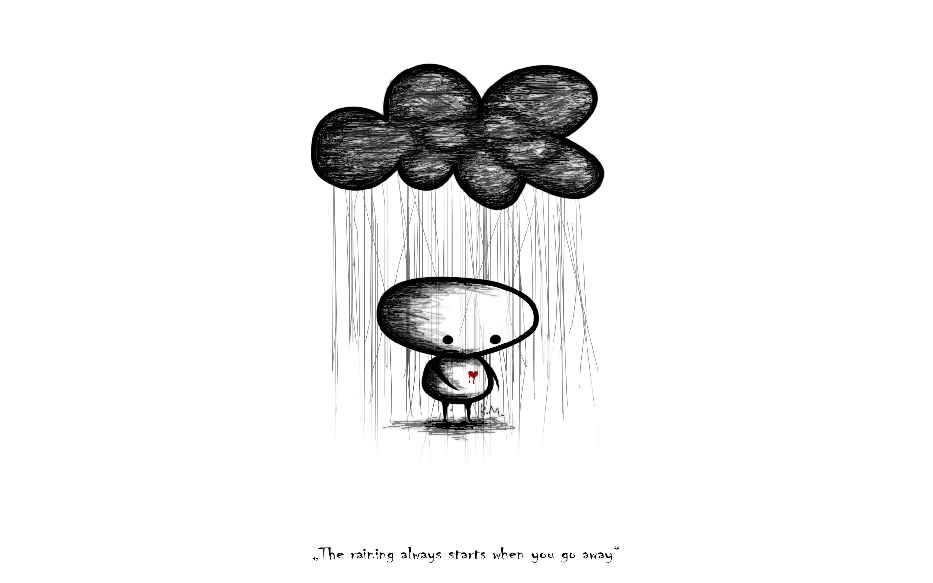 3d обои Над человечком туча, из которой льется дождь (The raining always starts when you go away)  черно-белые # 88490