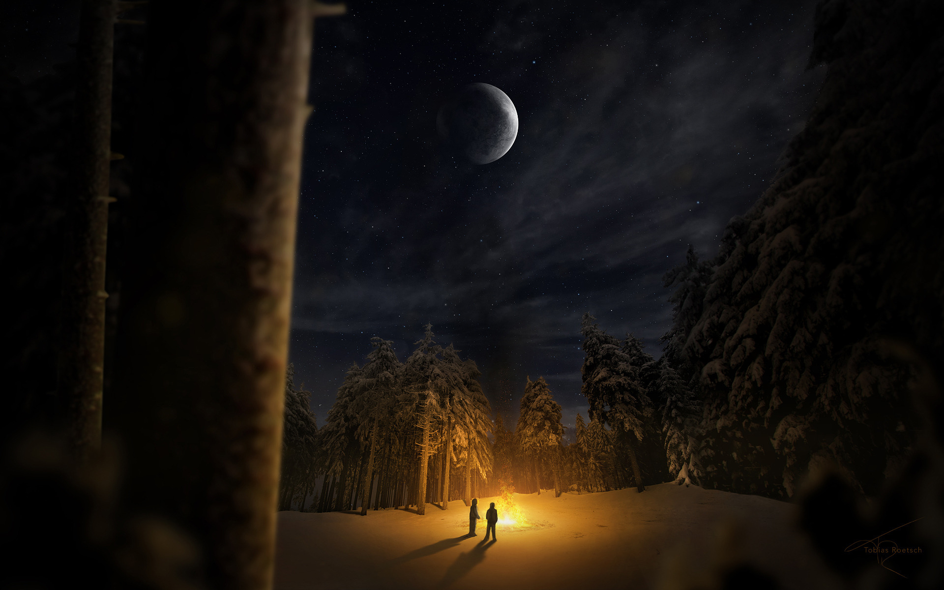3d обои Два человека жгут костер темной звездной ночью, а вокруг них зима, снег, зловещий лес  огонь # 67991