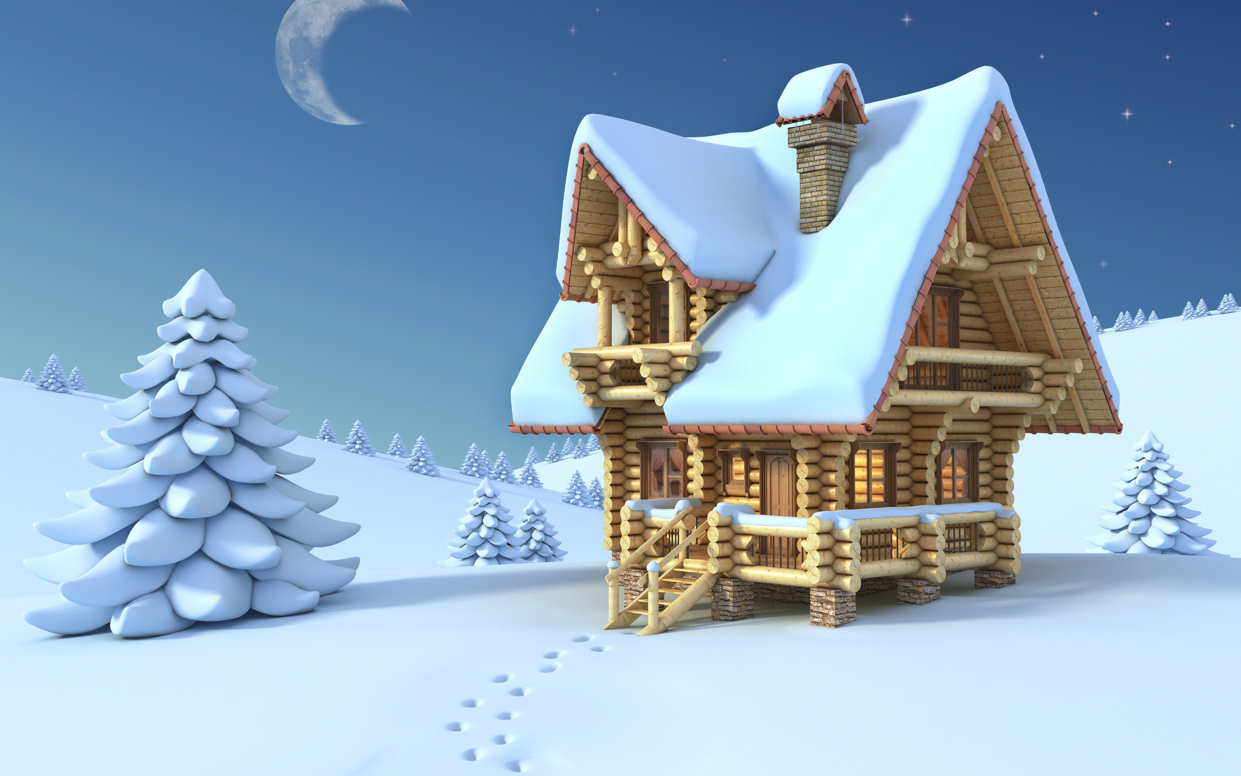 3d обои Снежный пейзаж, елки и деревянный домик создают зимнее настроение  деревья # 31944