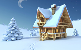 3d обои Снежный пейзаж, елки и деревянный домик создают зимнее настроение  зима
