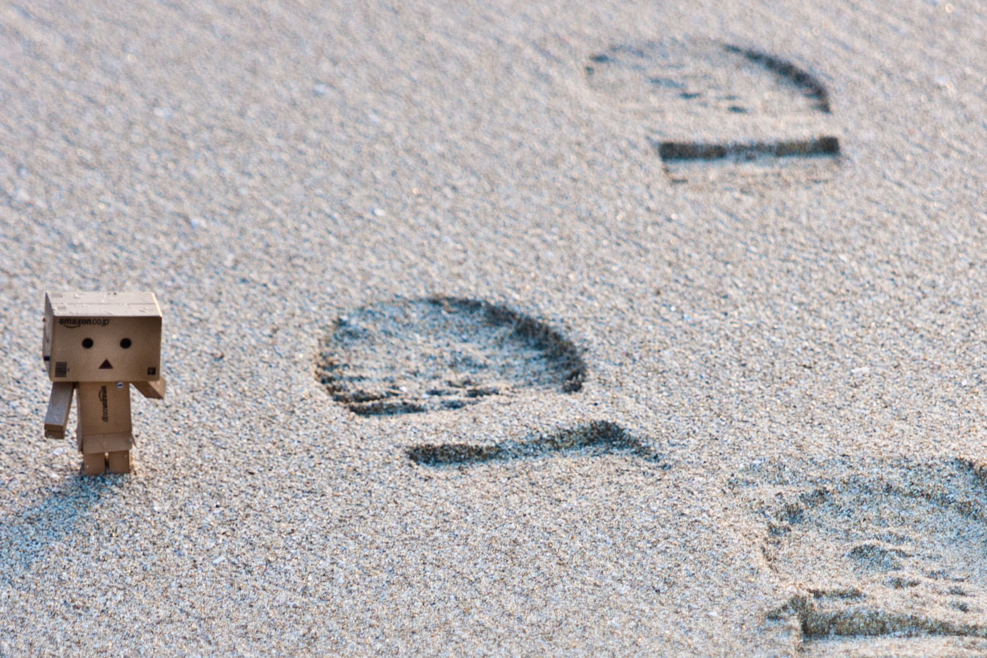 3d обои Коробочка данбо / danbo смотрит на следы на песке  2000х1333 # 14935