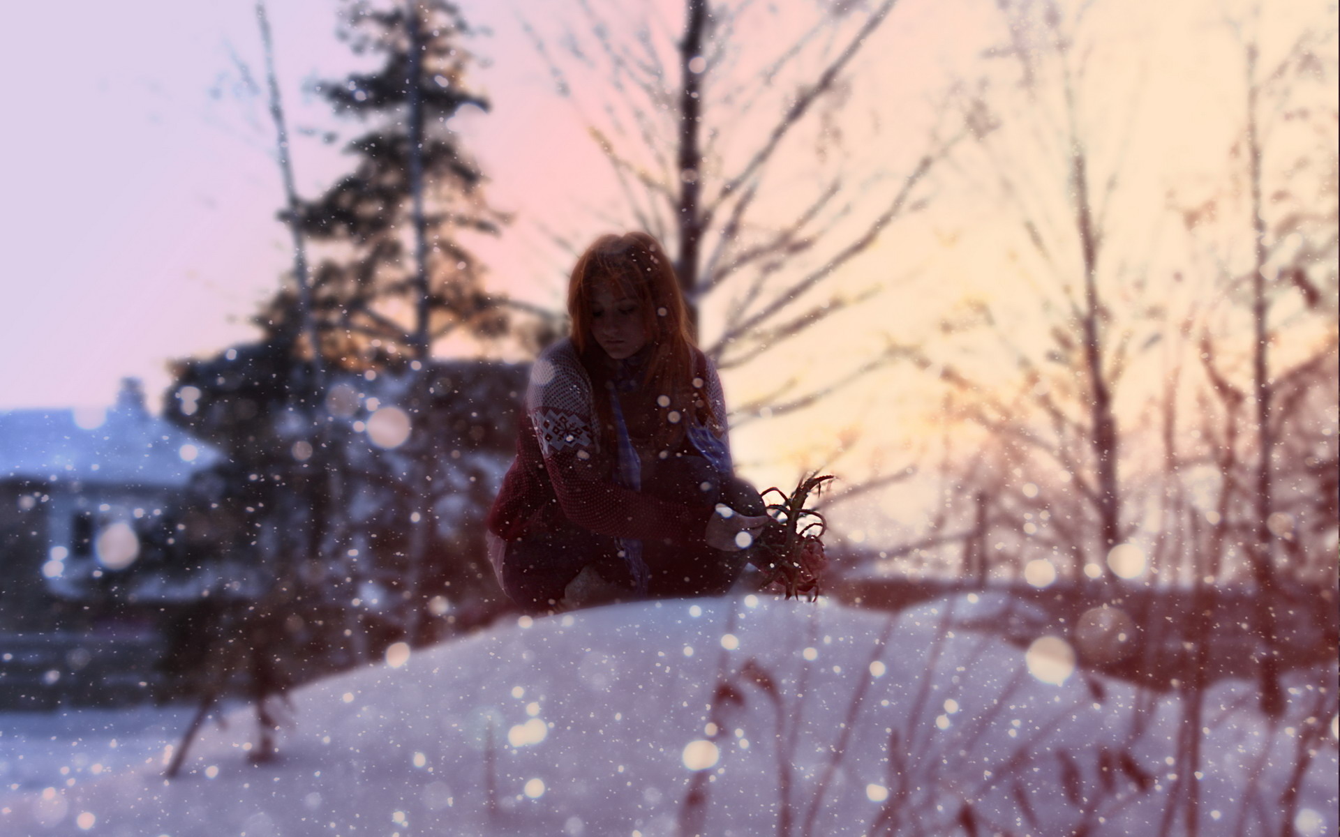 3d обои Красивая девушка на снежном холме  грустные # 26315