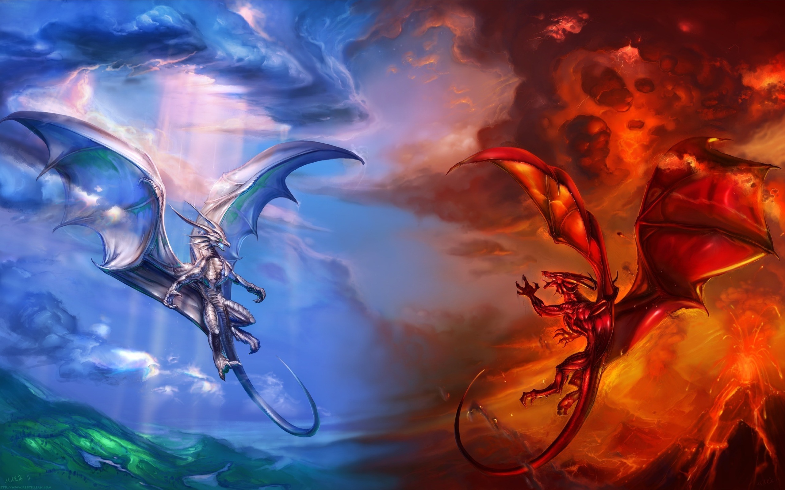 3d обои Красный и голубой драконы  драконы # 35830