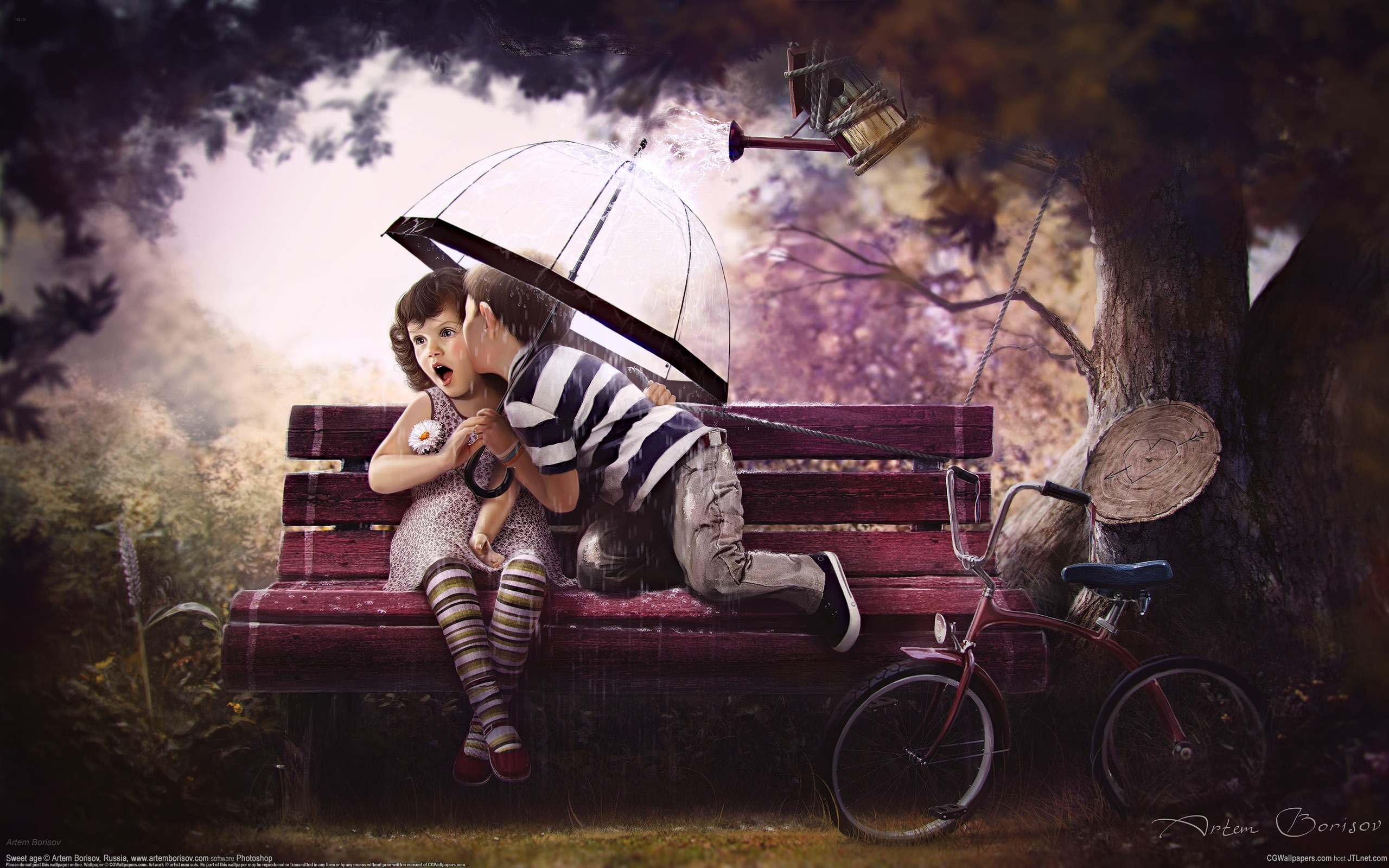 3d обои Дети на скамейке, мальчик целует девочку сидящую под зонтом, спасаясь от дождика из лейки  дождь # 34320