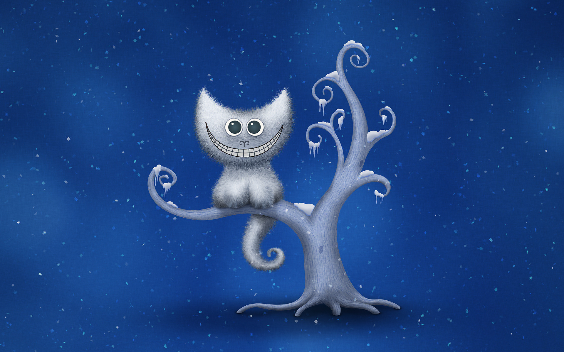 3d обои Улыбающийся котик сидит на заснеженном дереве  рисунки # 77124