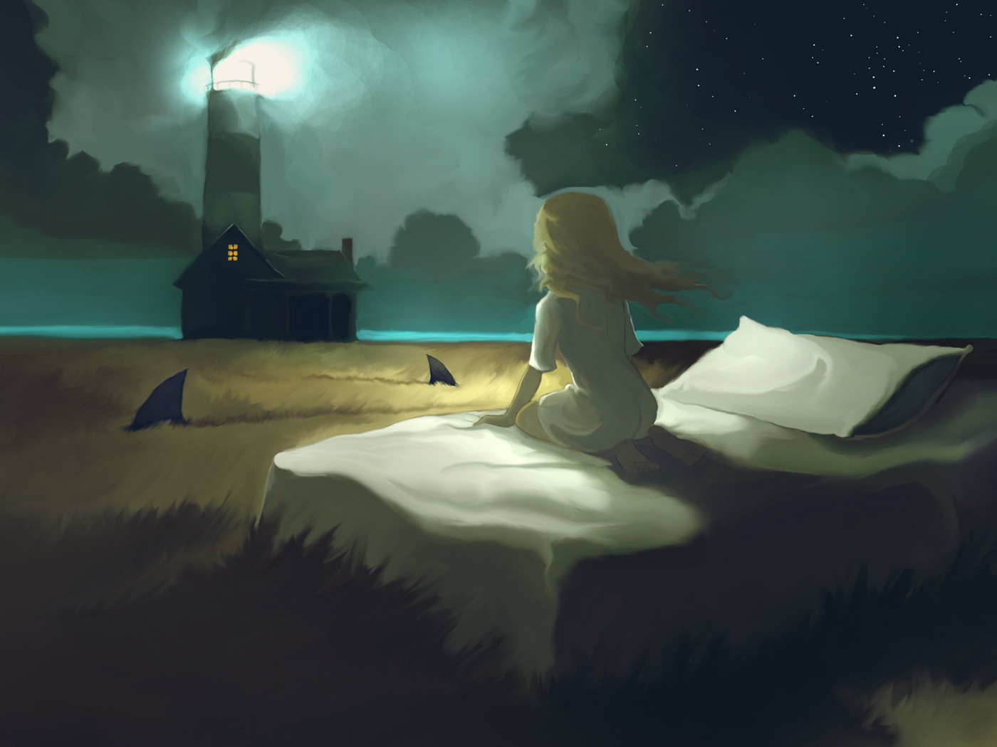 3d обои Девочке снится, что она сидит на своей кровати в поле, в котором плавают акулы, а за ее домом стоит маяк  небо # 60360