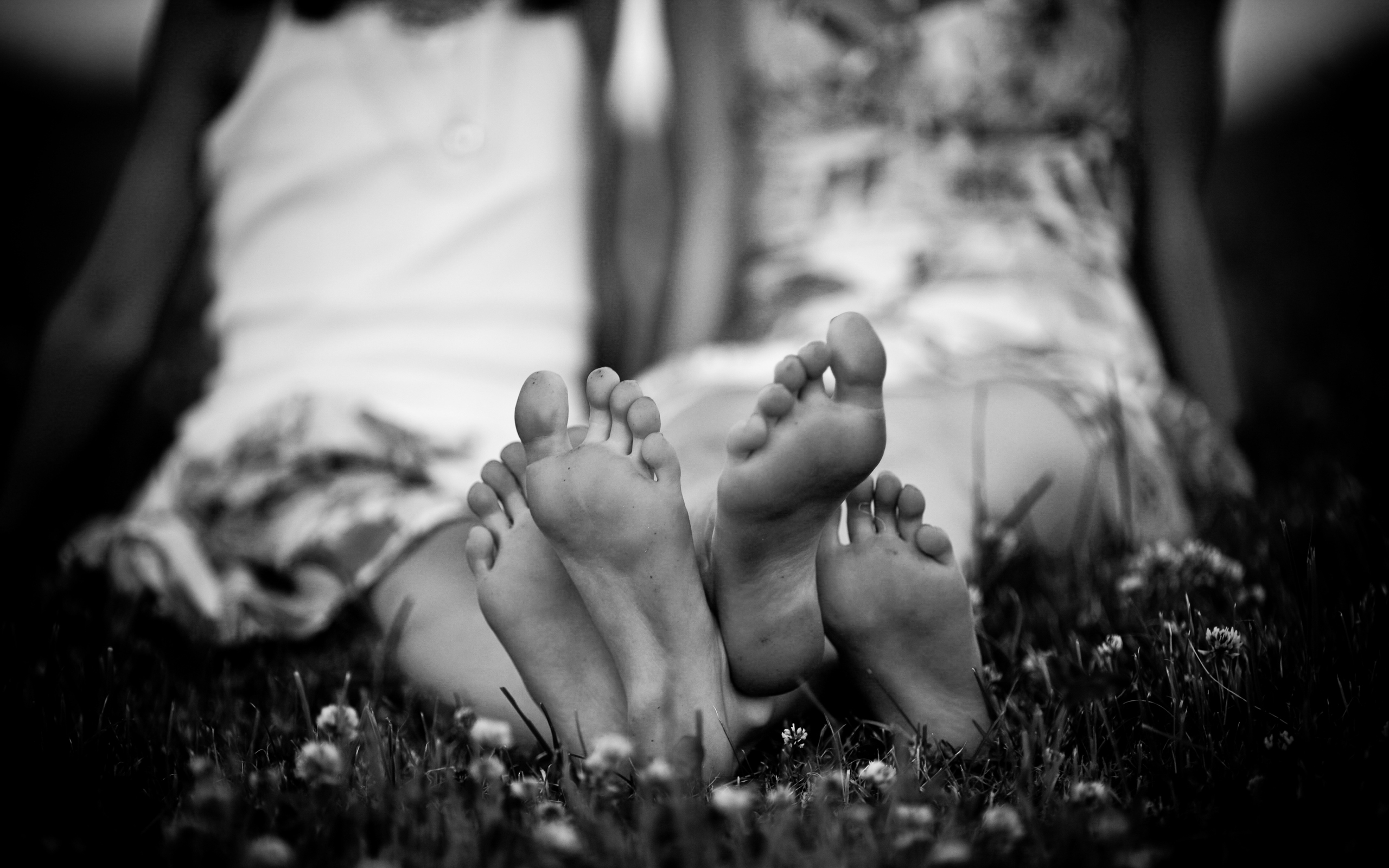 3d обои Две девушки в платьях сидят на траве, выставив ноги  ножки # 67138