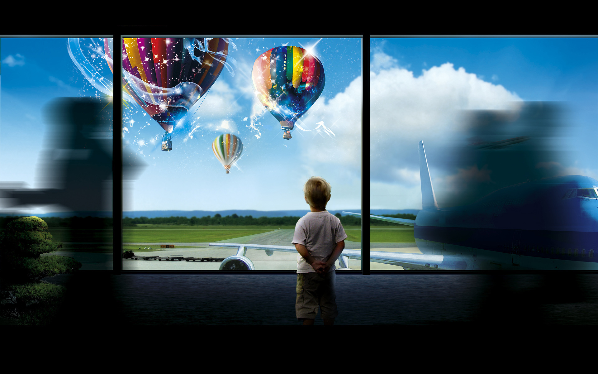 3d обои Мальчик стоит посреди кишащего людьми аэропорта и смотрит в окно, где поднимаются в воздух волшебные воздушные шары  воздушные шары # 23279