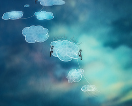 3d обои Размытое небо с облаками на ниточке, на одном облаке сидят два человечка (cloudy Mood)  люди