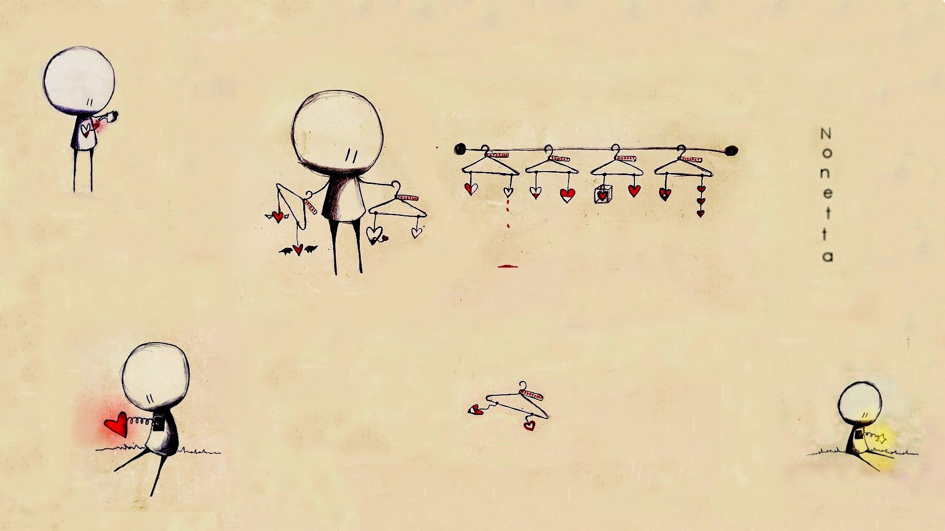 3d обои Абстрактный человечек с вешалками и сердечками (Nonetta)  рисунки # 77031