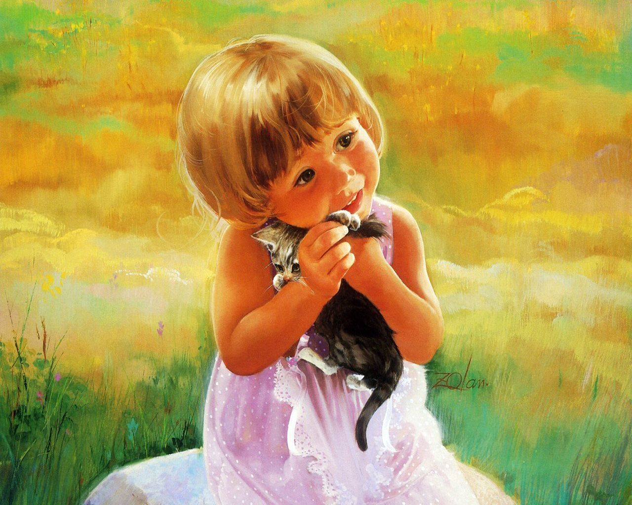 3d обои Маленькая девочка прижимает к себе котенка  рисунки # 77017