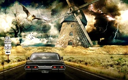 3d обои Мир снов: по дороге мчится черный автомобиль, на его пути стоит гигантская мельница, в небе летает огромная летучая мышь, дорогу освещают сверкающие молнии (to north us 101)  авто