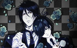 3d обои Себастьян и Сиэль из аниме Тёмный дворецкий / Kuroshitsuji лежат на полу в чёрно-белый квадрат усыпанном розами  мужчины