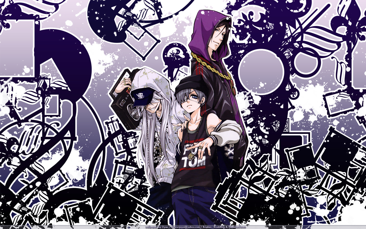 3d обои Сиэль, Себастьян и Гробовщик с магнитофоном на плече из аниме Тёмный дворецкий / Kuroshitsuji в стиле Hip-Hop  мужчины # 57246