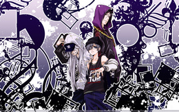 3d обои Сиэль, Себастьян и Гробовщик с магнитофоном на плече из аниме Тёмный дворецкий / Kuroshitsuji в стиле Hip-Hop  техника