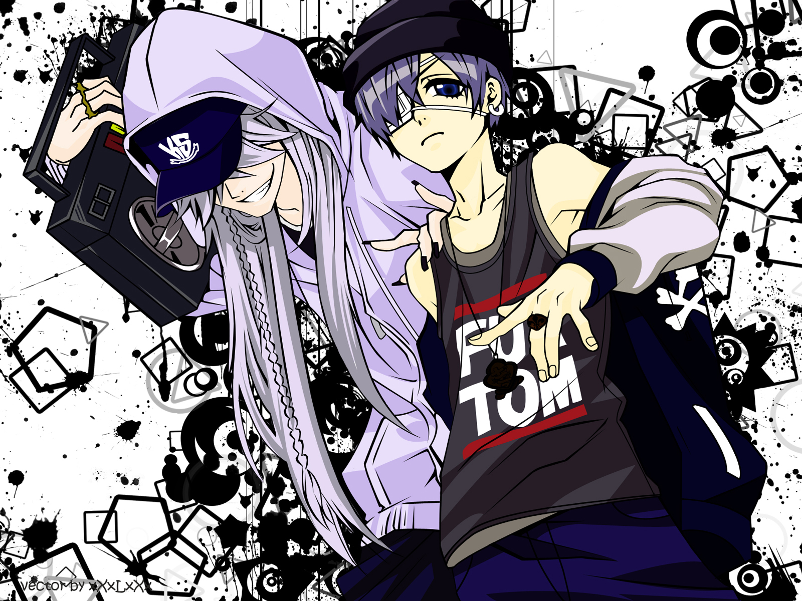 3d обои Сиэль и Гробовщик с магнитофоном на плече из аниме Тёмный дворецкий / Kuroshitsuji в стиле Hip-Hop  мужчины # 57245