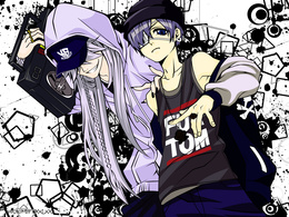 3d обои Сиэль и Гробовщик с магнитофоном на плече из аниме Тёмный дворецкий / Kuroshitsuji в стиле Hip-Hop  мужчины