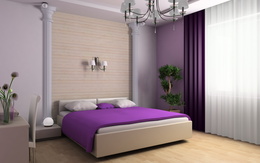 3d обои Спальня, оформленная в фиолетовом цвете  цветы