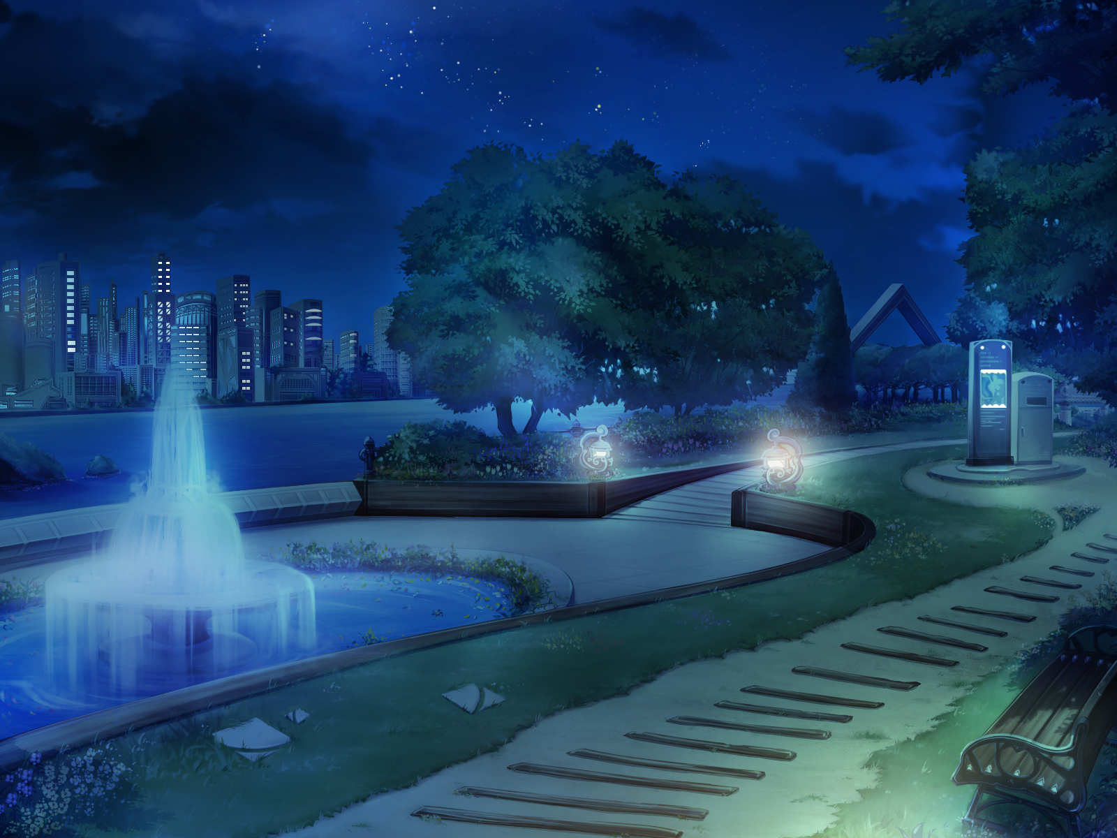 3d обои Парк с фонтаном на берегу реки ночью  вода # 21467