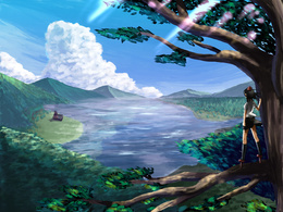 3d обои Девушка стоит на ветке большого высокого дерева и смотрит вдаль на реку  вода