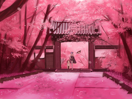 3d обои Девушка с человечком в набедренной повязке и летающей головой гуляет по парку цветущей сакуры  рисунки