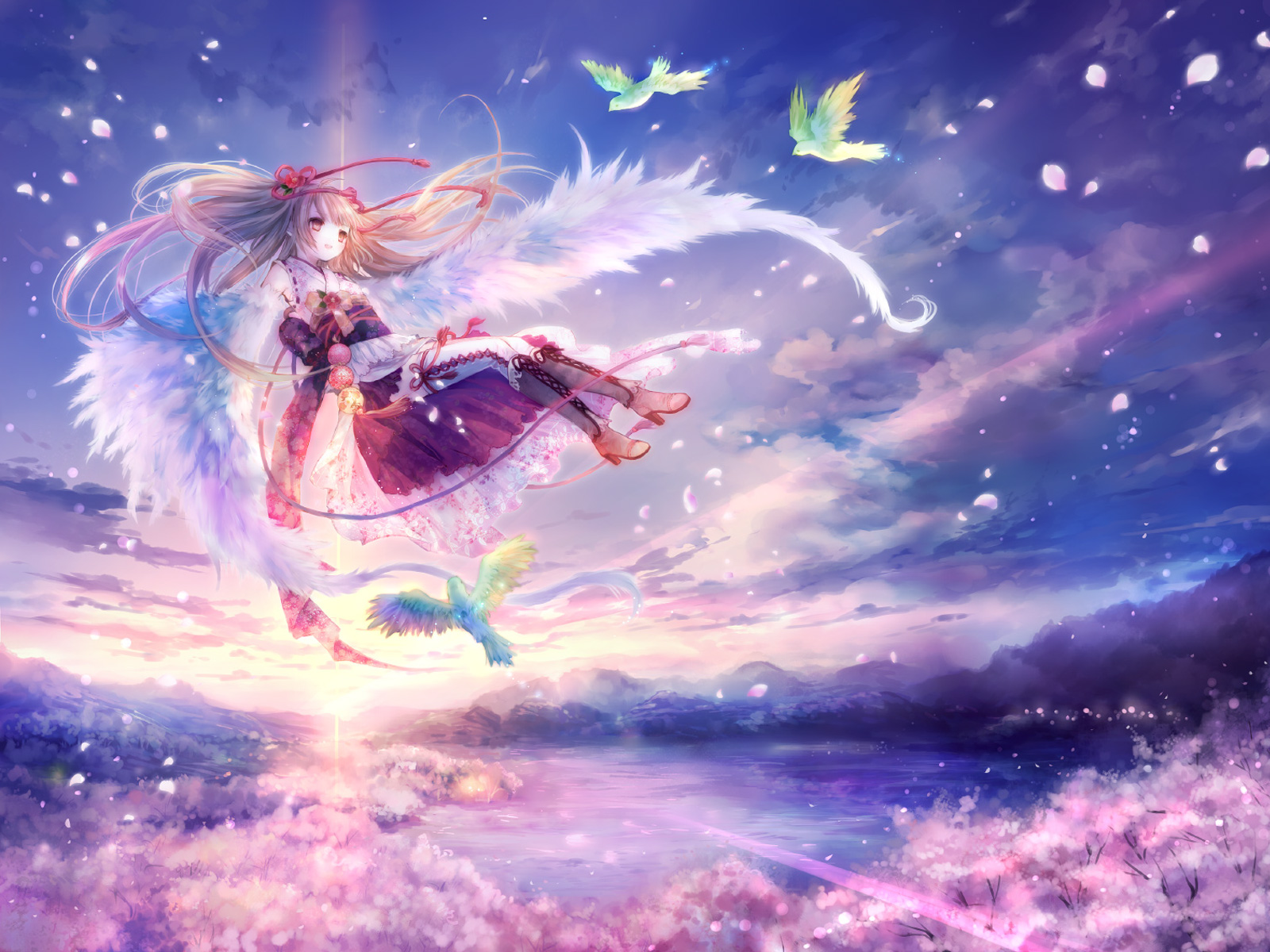 3d обои Девушка-ангел парит с райскими птицами в небе над озером  манга # 53082