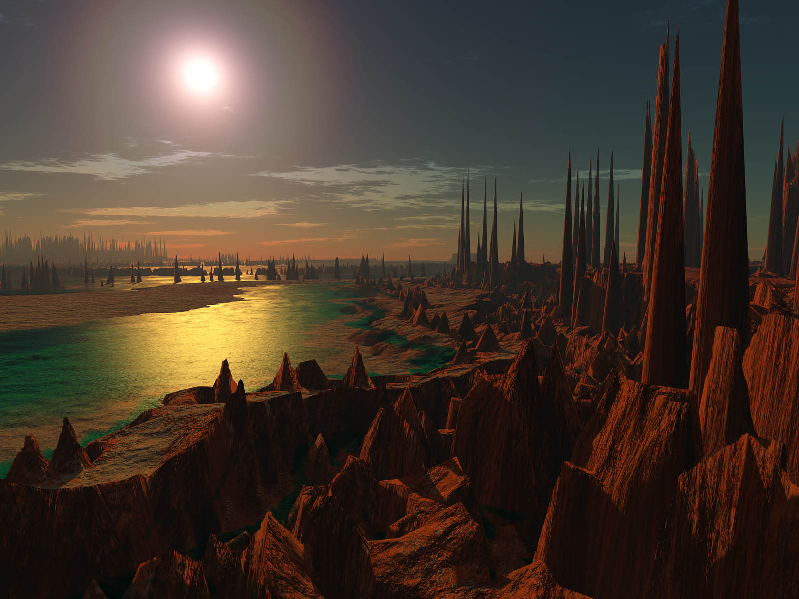 3d обои Закат солнца на морском берегу, усыпанному фантастическими каменными возвышенностями  горы # 25090