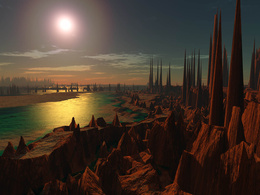 3d обои Закат солнца на морском берегу, усыпанному фантастическими каменными возвышенностями  фэнтези