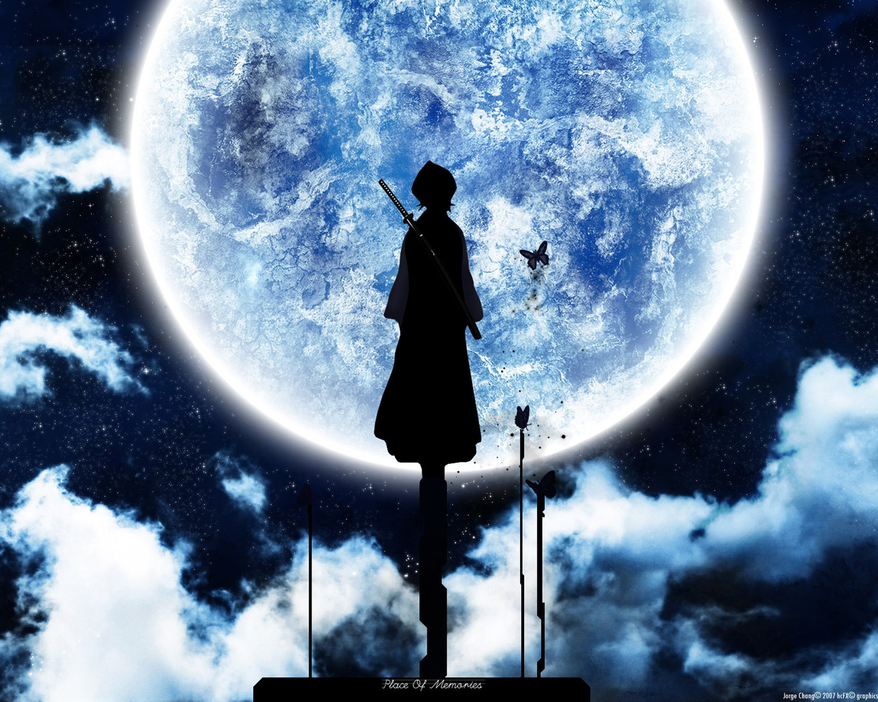 3d обои Рукия Кучики из аниме Блич / Bleach стоит на крыше дома при полной луне  луна # 51415