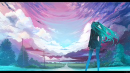 3d обои Вокалоид Хатсуне Мику стоит на дороге и смотрит вдаль  небо