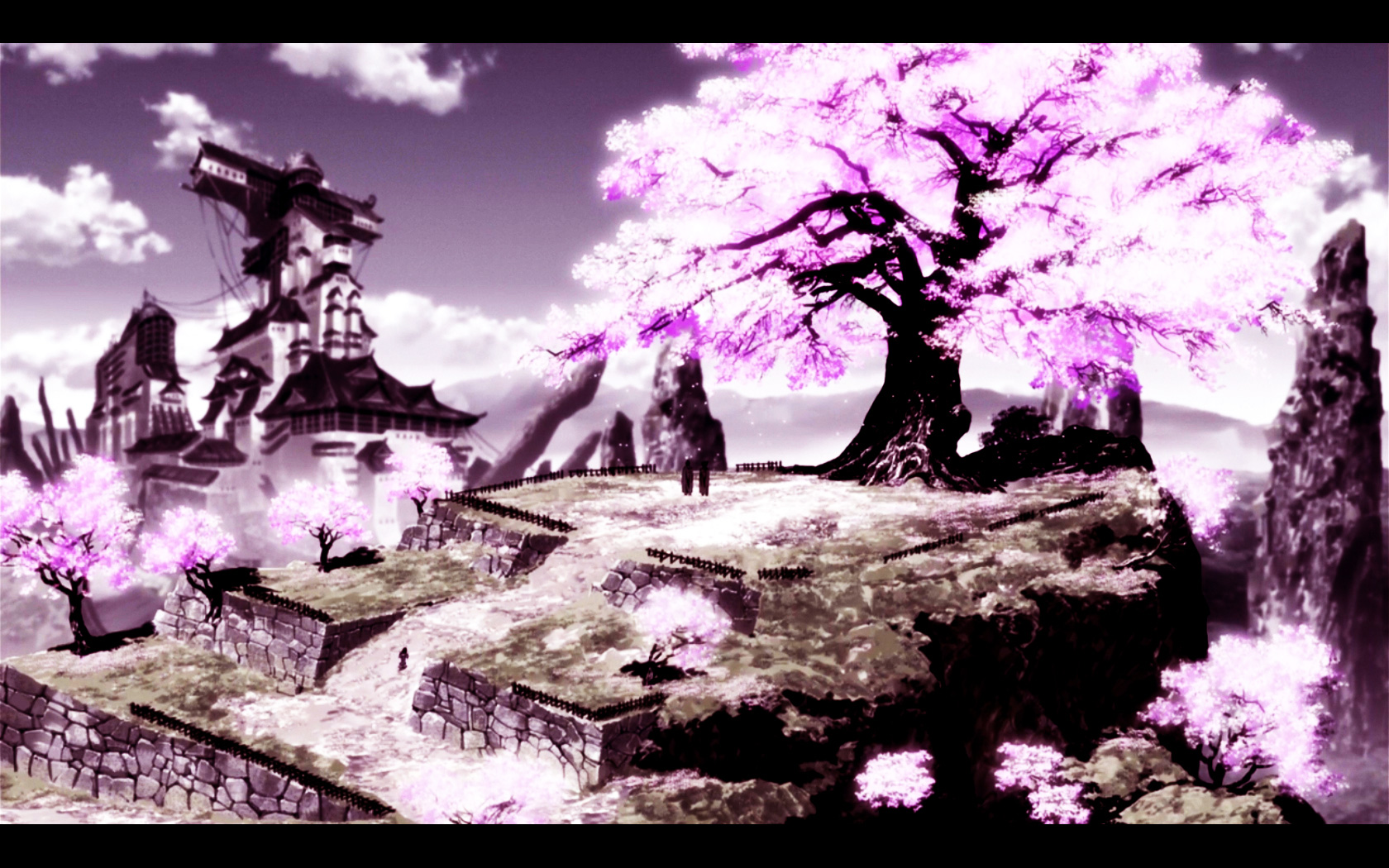 3d обои Два монаха стоят на площадке рядом с монастырём возле цветущего дерева сакуры  деревья # 31966