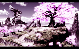 3d обои Два монаха стоят на площадке рядом с монастырём возле цветущего дерева сакуры  мужчины