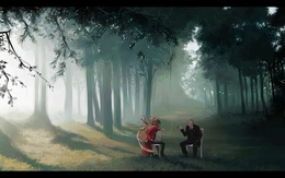 3d обои Двое мужчин в лесу сидят на стульях и о чём-то беседуют  предметы