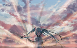 3d обои Вокалоид Хатсуне Мику в лучах света на фоне неба  аниме